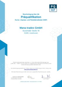 Mana Tradex Bescheinigung